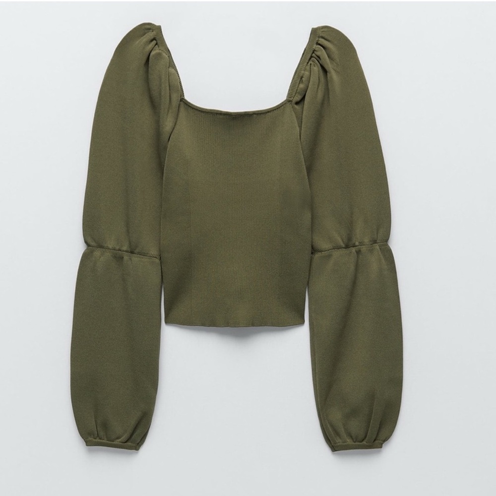 Zara Olive Green Puff Sleeve Crop Blouse Size M - Picture 5 of 12